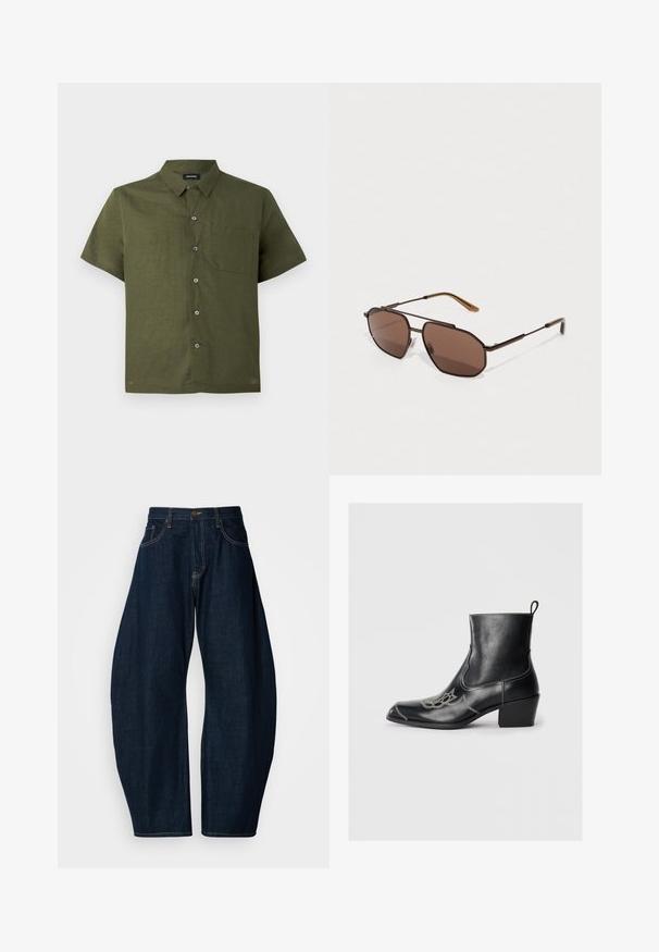 Kortærmet skjorte i mørk olivengrøn, lavet af tekstureret stof; har knaplukning foran og en enkelt brystlomme.; Mørkeblå denim jeans med vid ben-design, der har fremtrædende syninger, fem lommer og en messingknap-lukning ved taljen.; Sorte læderankelstøvler med firkantet tå, dekorativ stikning og en lav blokhæl. Har en træksløjfe for nem påtagning.; Brune oktagonale solbriller med en tynd sort metalramme, akcentueret af brune stænger. Mørkt tonede linser giver UV-beskyttelse.