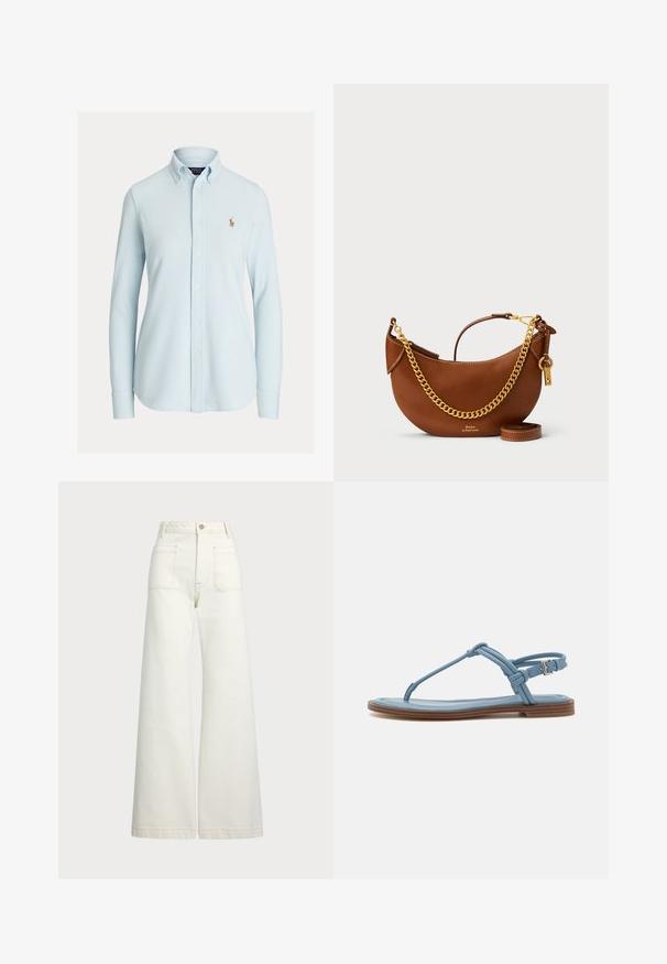 Heledad sinine nööpidega särk klassikalise krae ja pikkade varrukatega, vasakul rinnal väikese tikandid logoga. Puuvillane materjal, sile tekstuur.; Laiad teksad heledast denimist. Kõrge vöökoht, nööbivöö, kaks esikotitäit ja kontrastsed õmblused.; Sinine nahast sõrmsandaal, millel on lame tall ja õhuke rihmastruktuur, ning ankle-luku tõmblukk, mis tagab kindla sobivuse.; Pruun nahast käekott kaarjate joontega, kullast ketirihm, sisemine tasku ja eemaldatav õlarihm. Omab kontrastset õmblust.