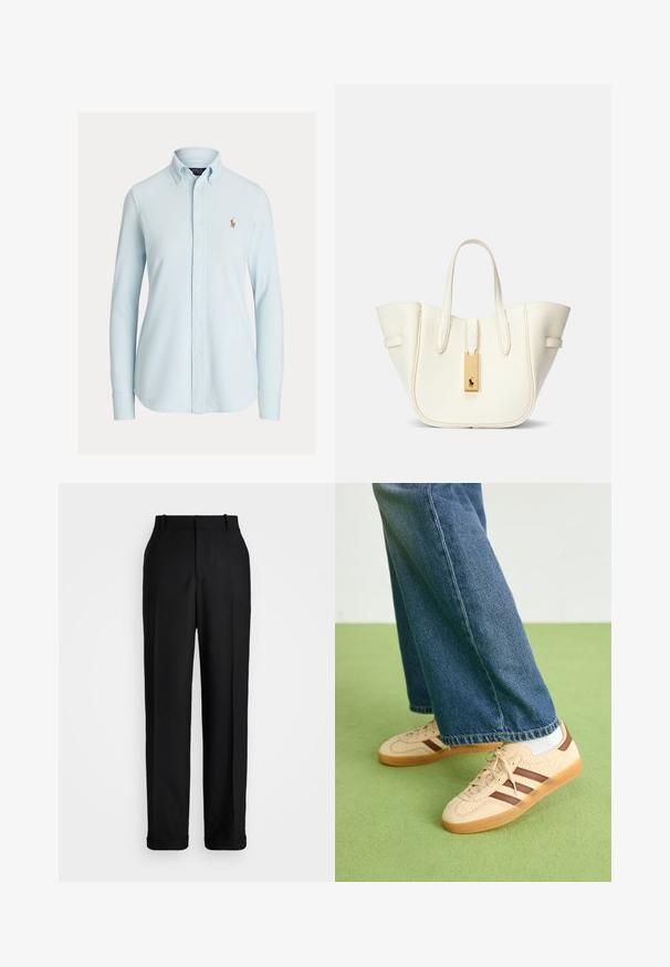 Šviesiai mėlyna mygtukinė marškinė su klasikiniais apykaklėmis, ilgomis rankovėmis ir mažai siuvinėtu logotipu kairėje krūtinės pusėje. Pagaminti iš medvilnės, sklandžios tekstūros.; Polo Ralph Lauren HIGH RISE RELAXED STRAIGHT TROUSER - Kelnės - black; Bežiniai sportbačiai su tekstūruotais grietinėlės spalvos paneliais ir rudiems dryžiais, derinami su mėlynu džinsiniu džinsų komplektu. Džinsai turi plačias kojas ir nusidėvėjusį apatinį kraštą.; Balta odinė rankinė su struktūrizuota forma, ryškiu siuvimu, auksine detale ir dviem rankenomis. Tekstūruotas paviršius su šoninėmis kišenėmis.
