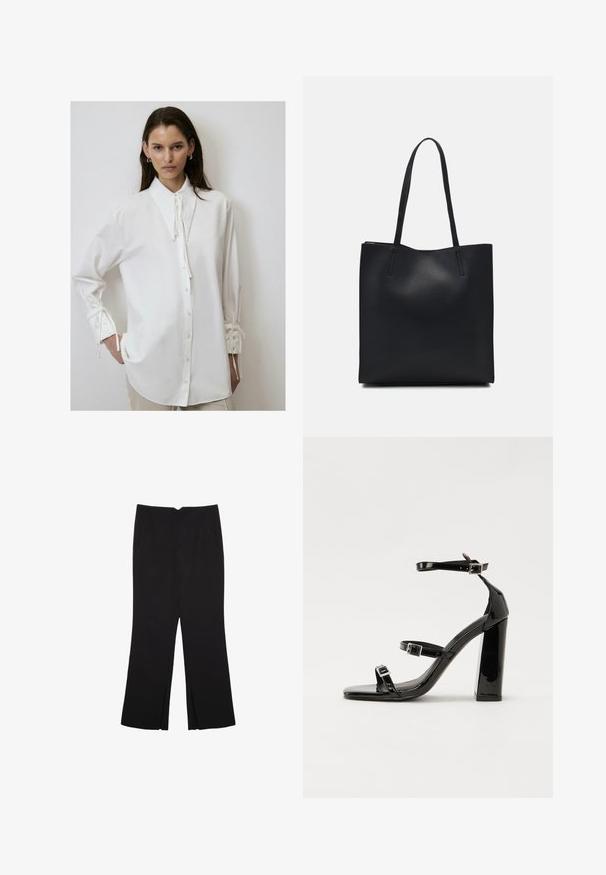 Bela dolga majica z dolgimi rokavi in visokim ovratnikom, spredaj z gumbnim zapiranjem in vezalkami na manšetah. Narejena je iz mehkega, gladkega materiala z udobnim krojem.; Črne hlače ravnega kroja z naglavnimi žepi in stranskimi razporki na robu. Narejene iz mehke, gladke tkanine. Primerne za različne priložnosti.; Črne lakirane sandale s peto, kvadratnim prstom, trakovi okrog gležnja in srebrnimi zaponkami. Opremljene so s stabilno Debelo peto.; Črna usnjena torba s svilnato teksturo, pravokotne oblike in dvema dolgima ročajema. Brez vidnih metalnih delov ali okrasnih elementov.