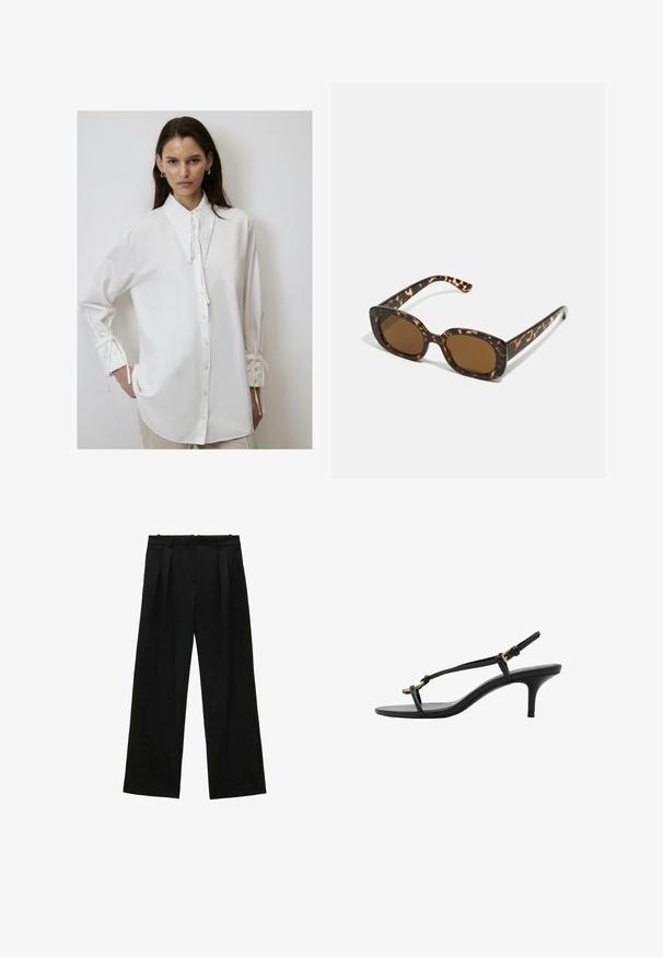 Bela dolga majica z dolgimi rokavi in visokim ovratnikom, spredaj z gumbnim zapiranjem in vezalkami na manšetah. Narejena je iz mehkega, gladkega materiala z udobnim krojem.; Črne široke hlače z naborki, ki imajo gladko teksturo in visok pas. Minimalističen slog, brez vidne opreme ali okrasnih elementov.; Črne usnjene sandale s kitten peto, tankimi trakovi, zlate zaponke in minimalistično zanko za prste na beli podlagi.; Sončna očala iz kornjačine s poudarjenim, okroglim okvirjem in rjavimi lečami. Imajo subtilne vzorce in ravne, zožene ročke.; Črna usnjena torba za ramo z gladko teksturo, ukrivljeno obliko in nastavljivim ročajem. Ima minimalno šivljenje in preprost dizajn.