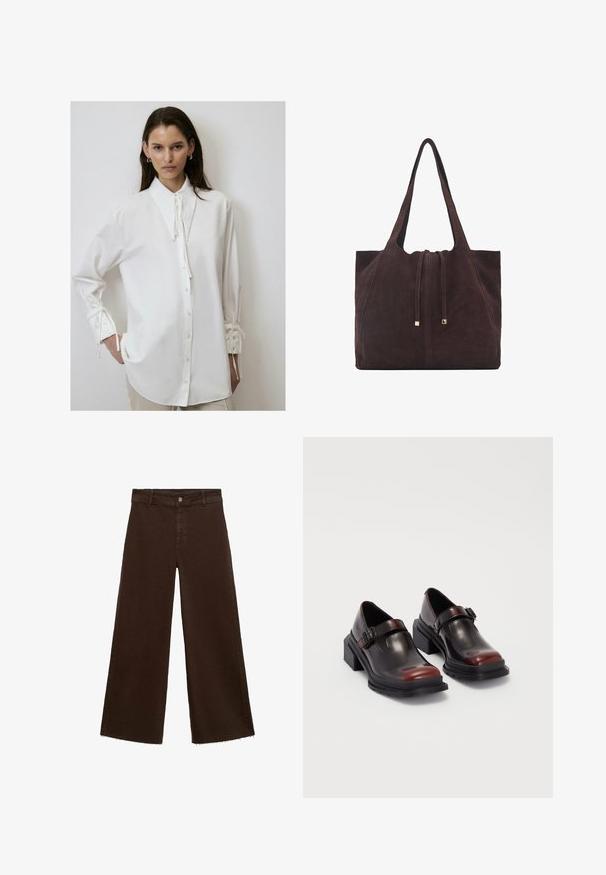 Weißes Langarmhemd mit hohem Kragen, Knopfverschluss vorne und Bändern an den Manschetten. Hergestellt aus weichem, glattem Stoff mit lockerer Passform.; Braune, weit geschnittene Hosen aus Baumwollmischung mit fransigem Saum, vorderem Knopfverschluss und klassischem Fünf-Taschen-Design. Minimalistisch und vielseitig.; Leder-Blockabsatzschuhe mit glänzender dunkelburgunderfarbener Oberfläche, ausgestattet mit einem Schnallenriemen und einem runden Zehendesign. Texturierte Außensohle für besseren Grip.; Mango Shopping Bag - dark brown