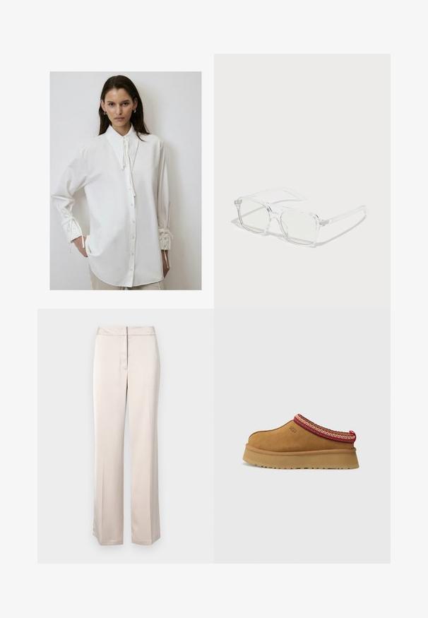 White long-sleeve shirt with a high collar, front button closure, and ties at the cuffs. Made of soft, smooth fabric with a relaxed fit.; Beige wide-leg trousers made from smooth fabric with a clean silhouette, featuring a flat front and discreet waistband closure.; Brown suede slip-on shoe with red and cream patterned trim, textured sole, and UGG logo on side. Features a slight platform height.; Clear rectangular sunglasses with translucent frames, light green lenses, and subtle detailing on the arms. Lightweight design, modern shape.; Black leather clutch with textured surface, chain strap, and studded detail along the bottom. Rectangular shape with a zipper compartment.