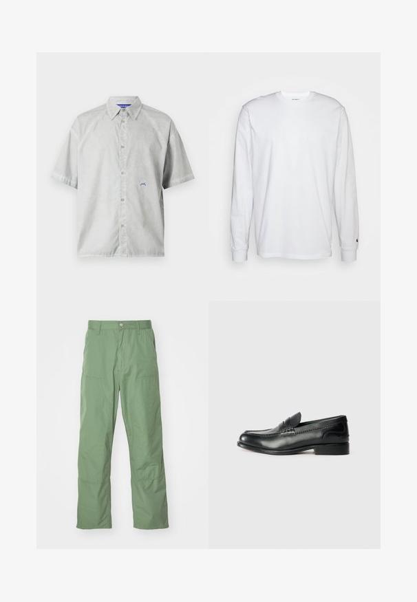 Lühikeste varrukatega heledast hallist kangast särg, mis on valmistatud siledast materjalist. Omab teravat kraed ja rinnal väikest sinist logo.; Valge pika varrukaga T-särk, mis on valmistatud puuvillast. Ümmargune kaelus, ribaga mansetid ja väike logo vasakul varrukal. Sile tekstuur.; Heledad rohelised, mugavad püksid, millel on sujuv tekstuur, küljetaskud ja nähtavad õmblusdetailid. Täispikkusega ja sirge jala disainiga.; Mustad mustad nahast loafers, mis on kaunistatud sileda viimistluse, õmblusdetailide ja veidi kõrgendatud kannaga.