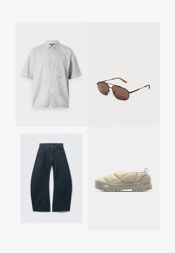 Kortermet, lys grå knapped skjorte laget av glatt stoff. Har en spiss krage og en liten blå logo på brystet.; Mørkeblå jeans med vide ben laget av denim, med fem lommer, synlige sømmer, knappelukking og en ren finish.; Quilted beige slip-on sko med grå Vibram såle, avrundet form og bakre løkke. Har logo på siden og strukturert overflaten.; Brune oktogonale solbriller med en tynn svart metallramme, akzentuert med brune stenger. Mørke linser gir UV-beskyttelse.