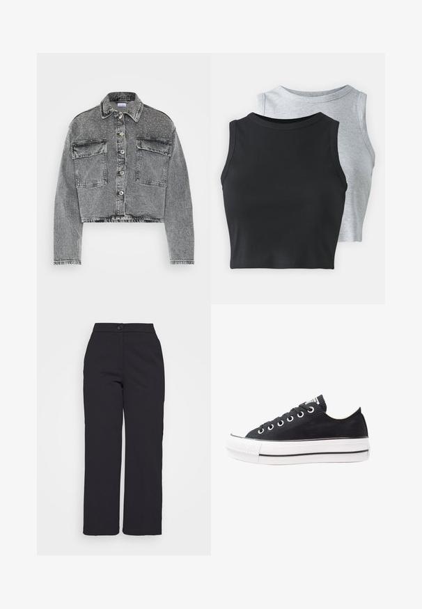 Cropped denim jacket in gray with two front pockets, button closure, and studded detail on shoulders. Distressed edges add texture.; Even&Odd Petite 2 PACK - Top - light grey/black; Black wide-leg trousers made of smooth fabric, featuring a button closure and a clean, tailored design without visible pockets.; Black canvas sneaker with white rubber sole, round toe, low-top design, metal eyelets, and a textured toe cap. Thin black stripe along the sole.