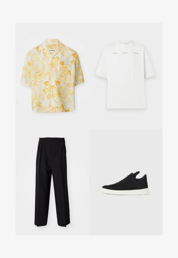Košulja kratkih rukava s gumbima, s svijetložutima i narančastim kružnim uzorcima te natpisom "misbhv summer club ibiza."; Bijela pamučna majica opuštenog kroja, okrugli izrez, kratki rukavi i crne tekstualne oznake. Nema uzoraka ni grafika.; Crne plisirane hlače s ravnim širokim nogavicama. Izrađene od glatkog materijala, s dugmadi za zatvaranje i petljama za remen.; Crne nubuk tenisice s bijelim gumenim potplatom, s toniranim šavovima i dizajnom vezanja. Glatka tekstura s modernim, strujnim oblikom.