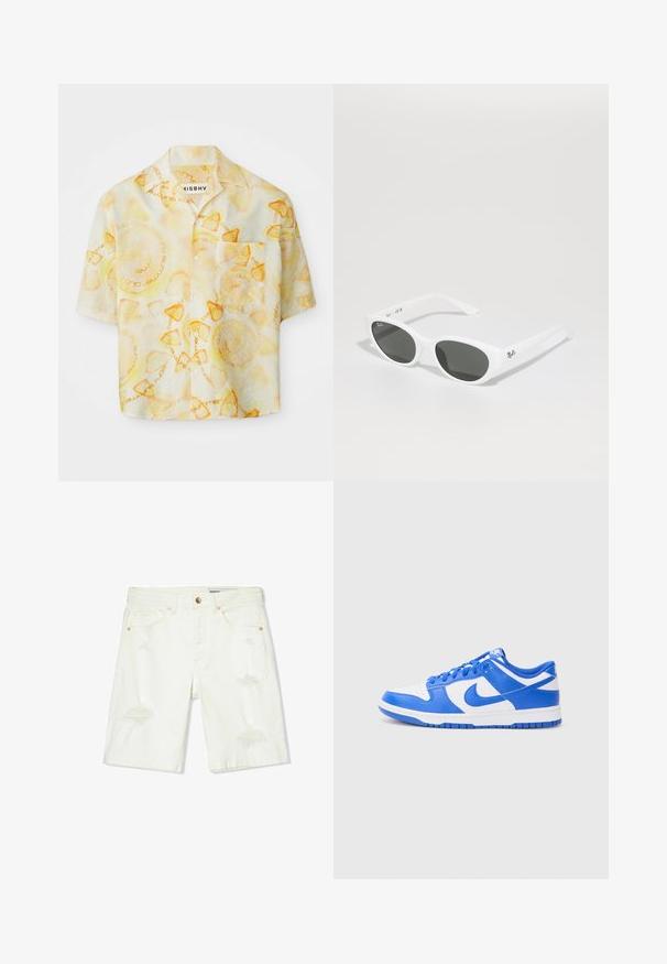 Košeľa s krátkymi rukávmi, button-up, s bledými žltými a oranžovými kruhovými vzormi a textom "misbhv summer club ibiza."; Biele deninové šortky s midi pásom, so zničenými detailmi, piatimi vreckami a medeným kovaním. Hladká textúra s voľným strihom.; Nike Dunk topánky s modro-bielym koženým zvrškom, ktorý obsahuje perforovaný špičkový diel, systém šnurovania a textúrovanú gumovú podrážku.; Biele slnečné okuliare so zaoblenými rámami a tmavými sklami. Majú hladký plastový povrch a malé logo na nožičke.