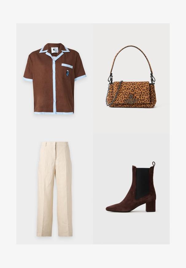 Short-sleeve brown shirt with light blue collar and pocket trim, featuring a small embroidered design on the pocket.; Beige linen trousers with a loose fit, pleated front, and straight legs. Features a waistband with belt loops and no visible pockets.; Dark brown suede ankle boot with block heel, black elastic side panel, and pull tab at the back on a light background.; Leopard print handbag made of suede with a short handle, a chain strap, and a black hardware clasp. Rectangular shape with a flap closure.