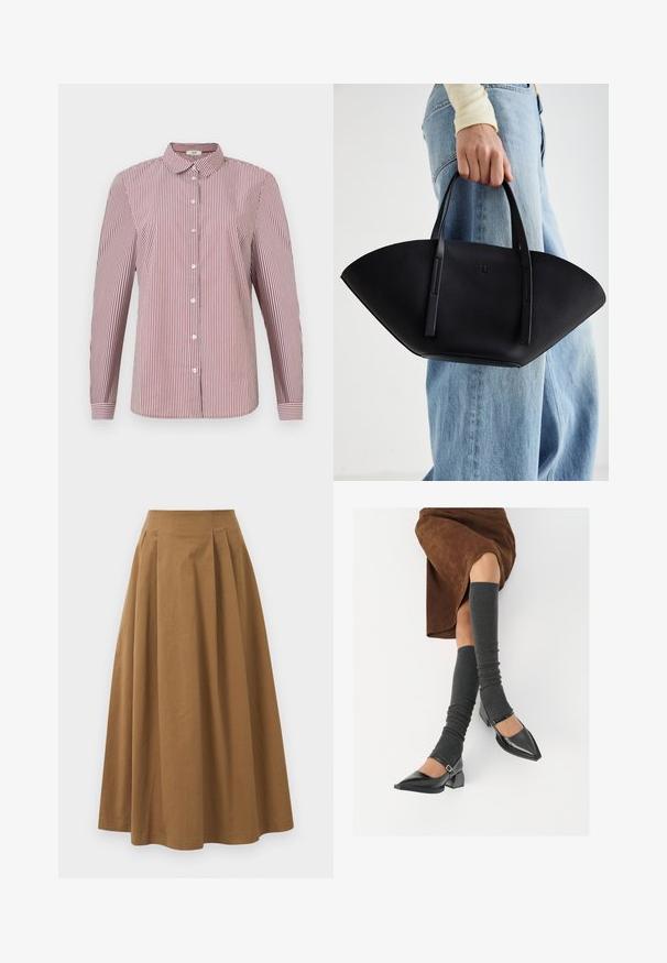 Rødt og hvitt stripete langermet skjorte med krage og hvite knapper, med en løs passform og en glatt bomullstekstur.; Brun bomull A-linje skjørt med høy midje, med folder foran og en jevn tekstur. Kantene er rene og enkle.; Sorte lakkpumps med spiss tå, blokkhel, og ankelstropp, kombinert med grå ribbestrikkede beinvarmere og et brunt semsket skinn skjørt.; Svart skinnveske med en unik vifteform, med flate håndtak. Overflaten har en pebblelignende tekstur og et minimalistisk design.