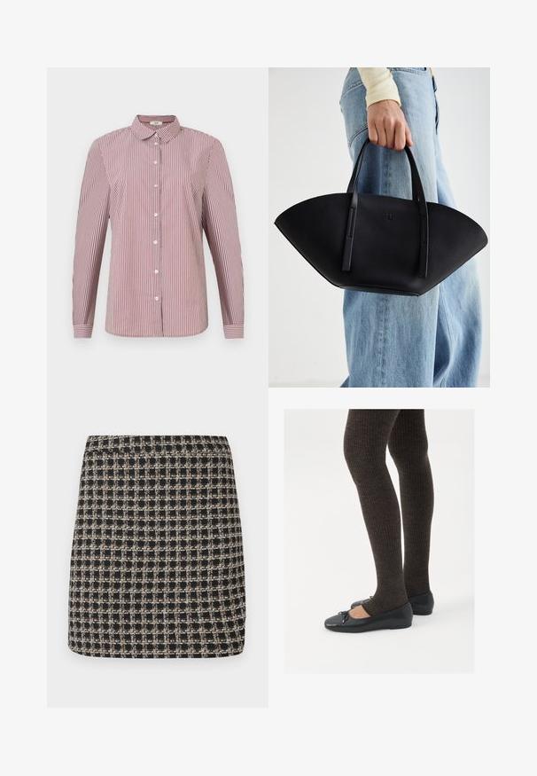 Punane ja valge triibuline pikavarreline nööpidega särk kraega, millel on vabalt langev lõige ja sile puuvillane tekstuur.; Mustar ja beež ruuduline mini seelik, millel on tekstureeritud kangas ja sile vöökoht, omades struktureeritud lõiget ja lihtsat disaini.; Mustad mustad kingad väikese teksaga varvaste juures, koos tumedate pruunide ribakangastega. Kingadel on sile tekstuur ja madal profiil.; Must mustra kott, millel on unikaalne fännikujuline disain, millel on lapikud käepidemed. Pinna tekstuur on kivikujuline ja disain on minimalistlik.