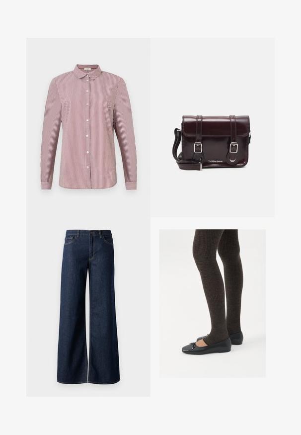 Raudonai ir baltai dryžuota ilgomis rankovėmis mygtukinė marškiniai su apykakle ir baltais mygtukais, pasižyminti laisvu siluetu ir glotnia medvilnės tekstūra.; Plati kojinės džinsai tamsiai mėlynos džinsinės medžiagos. Yra kontrastingas siuvimo ornamentas, penkios kišenės ir užsegimas mygtuku juosmenyje. Lygus paviršius.; Juodos plokščios bateliai su maža kaspinėlio detale prie pirštų, derinami su tamsiai rudos spalvos raukšlėtomis pėdkelnėmis. Bateliai turi lygų paviršių ir žemą profilį.; Bordo lakinės odos krepšys per petį, stačiakampio formos, su dviem diržais, sidabrinėmis detalėmis ir užtraukiama kiautu.