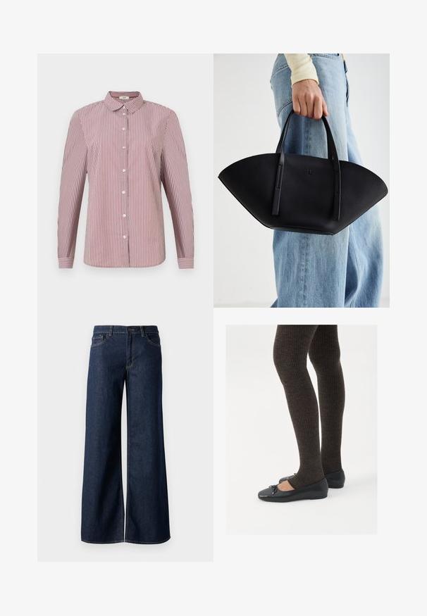 Röd och vit randig långärmad skjorta med krage och vita knappar, med en avslappnad passform och en mjuk bomullstextur.; Breda jeans i mörkblå denim. Har kontrastsömmar, fem fickor och en knappstängning vid midjan. Slät textur.; Svarta platta skor med en liten rosett vid tån, i kombination med mörkbruna ribbade strumpbyxor. Skorna har en slät yta och låg profil.; Svart läderhandväska med en unik fläktform, som har platta handtag. Ytan har en pebblad textur och en minimalistisk design.