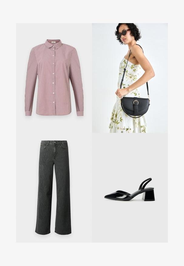 Röd och vit randig långärmad skjorta med krage och vita knappar, med en avslappnad passform och en mjuk bomullstextur.; Videbeniga jeans i mörkgrå denim, med en subtil zebramönstrad struktur, kontrasterande sömmar och fem fickor med knappsgylf.; Svarta lackläder slingback klackar med spetsig tå och geometrisk klack. Har en elegant, minimalistisk design och slät yta.; Svart läderhandväska med en böjd form, avtagbar rem och guldiga detaljer. Väskan har ett lock med en spänndetalj.