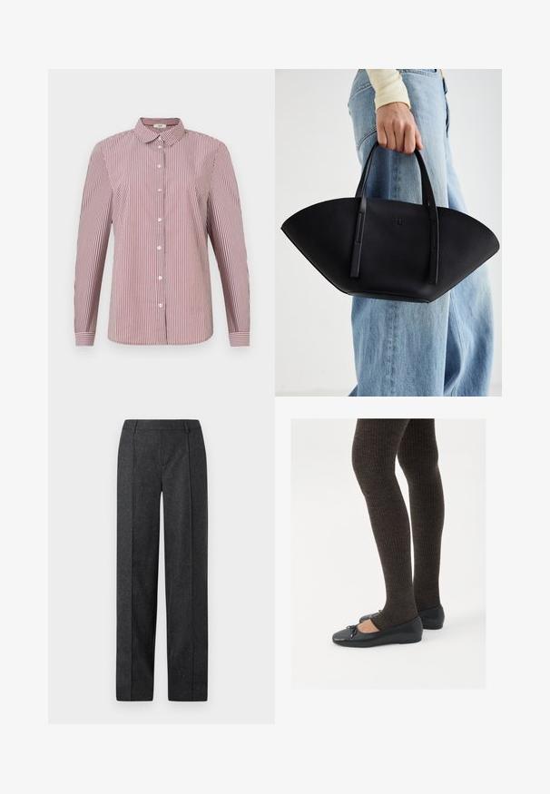 Camicia a maniche lunghe a righe rosse e bianche con colletto e bottoni bianchi, caratterizzata da una vestibilità rilassata e una consistenza di cotone morbido.; Pantaloni tailored grigio scuro con design a gamba dritta, tessuto testurizzato e sottili venature. Presentano un davanti piatto e passanti per cintura.; Scarpe nere a flat con un piccolo fiocco sulla punta, abbinate a collant a coste marrone scuro. Le scarpe hanno una texture liscia e un profilo basso.; Borsa a tracolla in pelle nera con una forma a ventaglio unica, dotata di manici piatti. La superficie presenta una texture a ciottoli e un design minimalista.