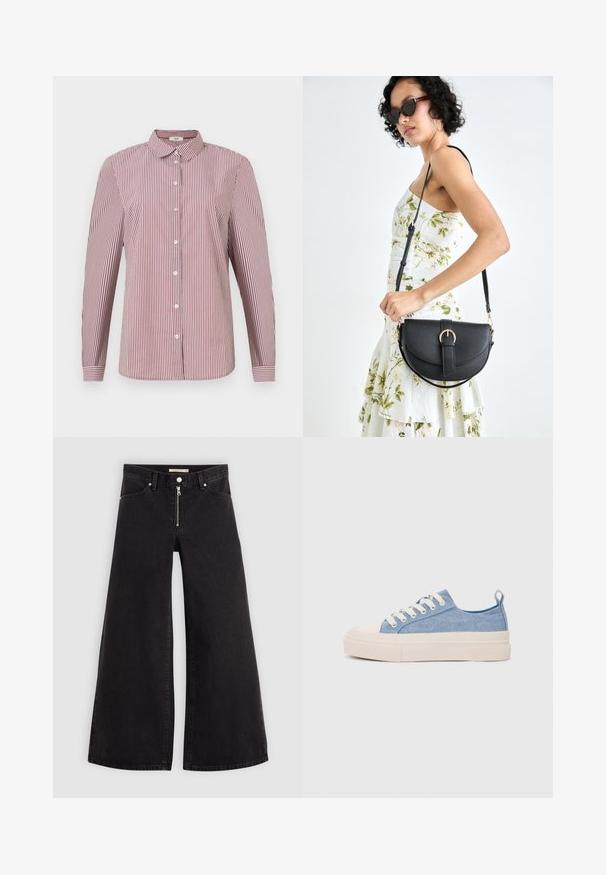 Cămașă cu mânecă lungă, în dungi roșii și albe, cu guler și nasturi albi, având o croială lejeră și o textură fină din bumbac.; Jeans cu picioare largi din denim negru, cu fermoar în față, design cu cinci buzunare și detalii subtile de cusătură. Textură netedă și stil casual.; Sneakers din pânză de culoare albastru deschis, cu vârf și talon din cauciuc crem, având șireturi albe și un maner pe călcâi.; Geantă din piele neagră, cu o formă curbată, curea detașabilă și accesorii aurii. Geanta are un capac cu un detaliu tip cataramă.
