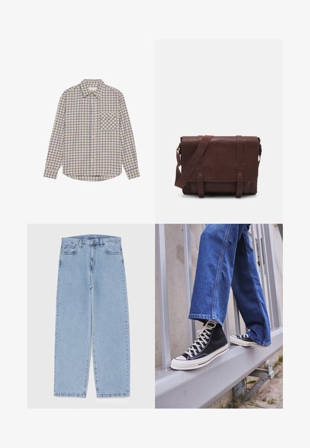 Chemise à manches longues en plaid beige avec des carrés bleus, dotée d'un col boutonné et d'une poche sur la poitrine gauche avec un motif à carreaux diagonal.; Débardeur en coton blanc avec un col rond, de larges bretelles et un ourlet droit, présentant une texture lisse et sans motifs visibles.; Jean en denim bleu clair avec une coupe droite, présentant une taille mi-haute, cinq poches, et une fermeture à bouton et à fermeture éclair.; Baskets montantes noires avec semelle et lacets blancs, associées à un jean en denim bleu décontracté, reposant sur un garde-corps gris.; Sac en cuir marron de style messager avec un rabat plat à l'avant, deux sangles, des accents en métal doré et une bandoulière adjustable.