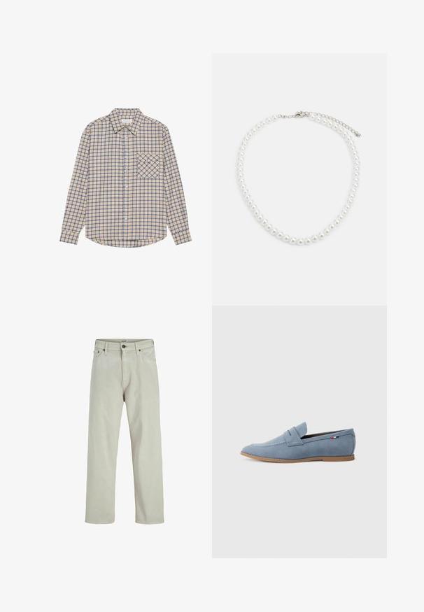 Long-sleeve plaid shirt in beige with blue squares, featuring a button-down collar and a left chest pocket with a diagonal check pattern.; Light beige denim jeans with a straight leg design, five-pocket style, and a button closure at the waist, featuring minimal stitching details.; Light blue suede loafer with a smooth texture, decorative stitching, and a brown rubber sole. Features a penny slot design on the upper.; White pearl necklace with a uniform round shape, smooth surface, and metal clasp with an extension chain for adjustable length.