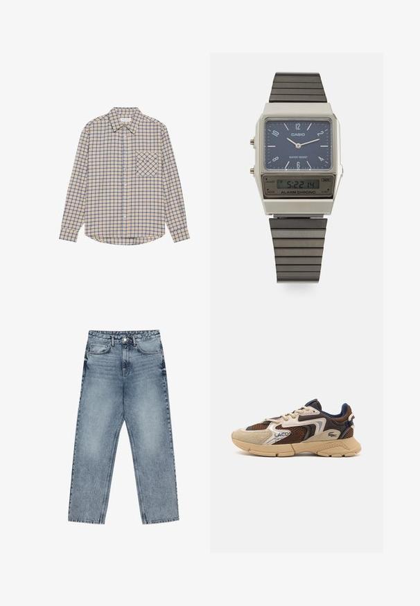 Long-sleeve plaid shirt in beige with blue squares, featuring a button-down collar and a left chest pocket with a diagonal check pattern.; Light blue denim jeans with a straight leg cut, visible stitching, five pocket design, and a button closure at the waist.; Beige and brown sneaker with textured mesh panels, suede accents, and a rubber sole. Features lace-up design and branded detailing.; Casio digital watch with a blue dial, silver case, and layered black rubber strap. Displays time and alarm settings. Water resistant.