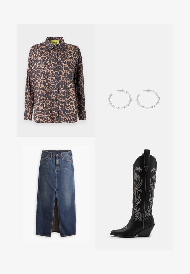 Leopard print shirt with a collar, long sleeves, and buttons. Made of smooth fabric, featuring dark base with light brown spots and a chest pocket.; Levi's® ANKLE COLUMN SKIRT - Maxi skirt - wave hello; Black leather cowboy boots with pointed toes, wedge heels, and silver embroidered floral patterns along the shaft. Contrast stitching throughout.; Silver hoop earrings with a twisted design, featuring a polished finish and post-back closure. Measure approximately 3 cm in diameter.
