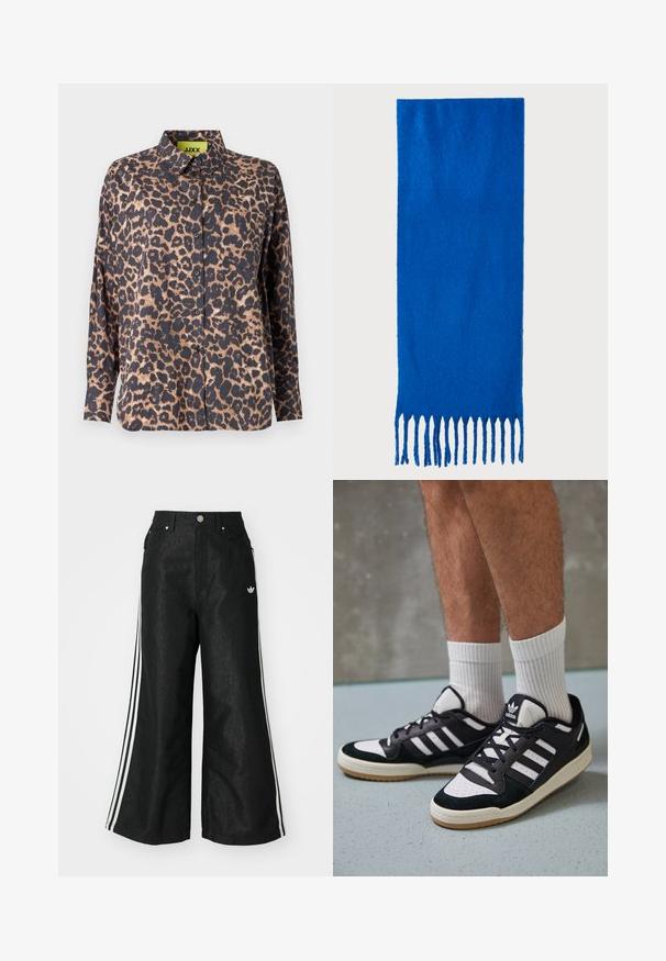 Camicia con stampa leopardata, colletto, maniche lunghe e bottoni. Realizzata in tessuto morbido, con base scura e macchie marroni chiare, e una tasca sul petto.; Pantaloni in denim neri a gamba larga con tre strisce bianche su ciascun lato e un piccolo logo bianco. Presentano tasche frontali e chiusura con bottone.; Sneaker bianco e nero con tomaia in suede e pelle, caratterizzati da tre strisce bianche, punta perforata e suola in gomma naturale.; Sciarpa blu con frange, realizzata in tessuto morbido; presenta un colore uniforme con una superficie testurizzata e frange tagliate in modo uniforme nella parte inferiore.; Borsa a tracolla nera realizzata in materiale sintetico testurizzato. Presenta un design con logo inciso e una tracolla regolabile. Chiusura con zip.