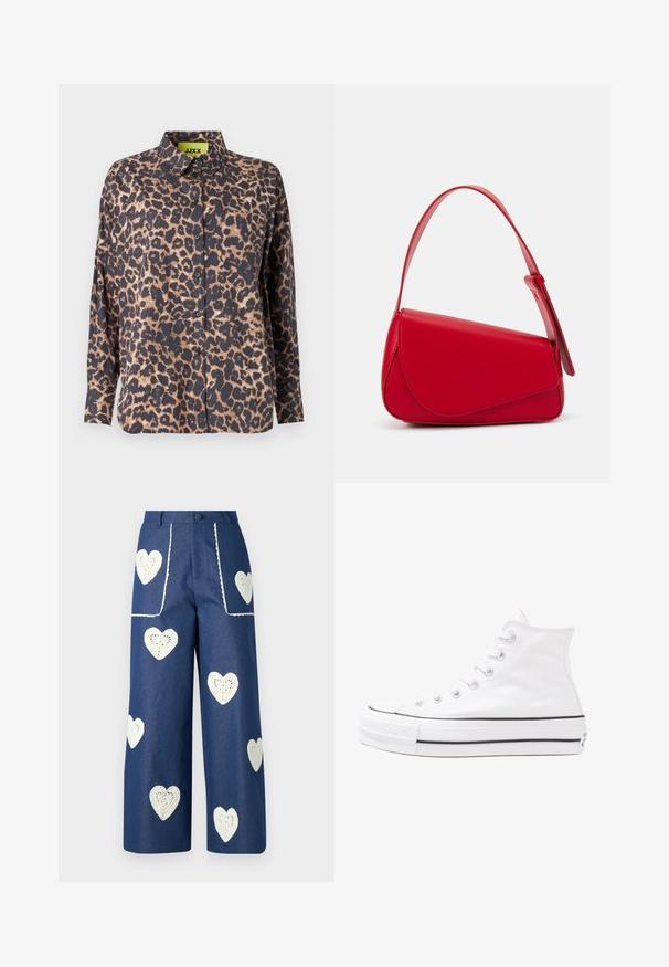 Leopardmønstret skjorte med krave, lange ærmer og knapper. Fremstillet af glat stof, med en mørk bund og lysebrune pletter samt en brystlomme.; Sister Jane HEART TO HEART - Jeans Straight Leg - blue denim; Hvide høje kanvas sneakers med sort gummisål, gummitåhætte foran og seks øjehuller til snørebånd, der har et rent, minimalistisk design.; Rød læderhåndtaske med et kantet, geometrisk design. Har en enkelt justerbar rem og en klaplukning med syede detaljer.