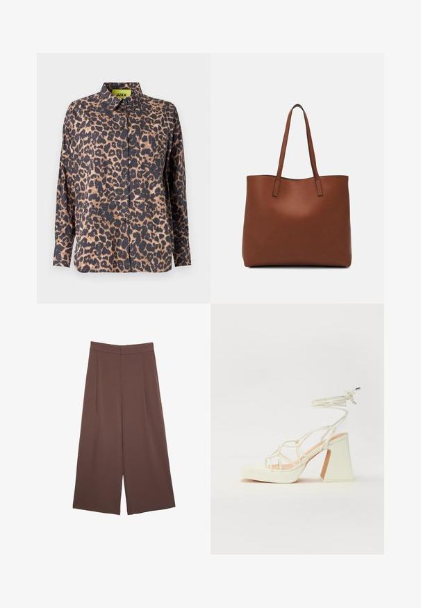 Leopardenmuster Hemd mit Kragen, langen Ärmeln und Knöpfen. Hergestellt aus glattem Stoff, mit einem dunklen Grundton und hellbraunen Flecken sowie einer Brusttasche.; Braune Weite-Leg-Hosen mit einer glatten Textur, hoher Taille und Vorderfalten. Der Stoff ist leicht und fällt locker.; Weiße High-Heel-Sandale mit einem klobigen Absatz, die über ein Riemchendesign und ein Knöchelband verfügt. Glatte Textur mit einer Plattform vorne für zusätzliche Höhe.; Braune Leder-Tote mit glatter Textur, offenem Oberteil und zwei Schulterriemen. Verfügt über minimale Nähte und keine sichtbaren Beschläge.