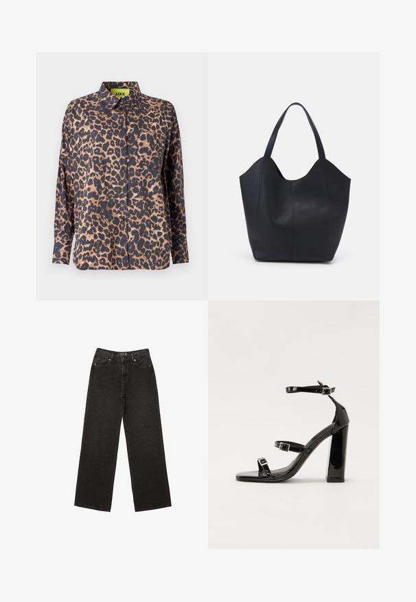 Leopardprint shirt met een kraag, lange mouwen en knopen. Gemaakt van een gladde stof, met een donkere basis en lichtbruine vlekken, en een borstzak.; Zwarte wijde jeans van denim, met kleine stippenpatronen, een klassieke vijf-pocket ontwerp en een knoop- en ritssluiting.; Zwarte gepatenteerde sandalen met hak en een vierkante neus, enkelbandjes en zilveren gespen. Heeft een stevige blokhak voor stabiliteit.; Zwarte tote tas van glad leer, met een gebogen, open bovenkant en twee schouderbanden, en een minimalistisch ontwerp.