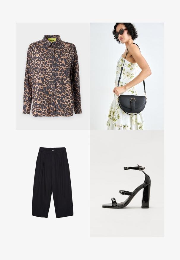 Leopardenmuster Hemd mit Kragen, langen Ärmeln und Knöpfen. Hergestellt aus glattem Stoff, mit einem dunklen Grundton und hellbraunen Flecken sowie einer Brusttasche.; Schwarze Polyester-Culotte mit einem elastischen Bund, zwei vorderen Falten und einer lockeren Silhouette. Keine sichtbaren Muster oder Hardware-Details.; Schwarze patentierte Sandalen mit Absatz, quadratischer Spitze, Knöchelriemen und silbernen Schnallen. Mit einem stabilen Blockabsatz für mehr Stabilität.; Schwarze Lederhandtasche mit geschwungener Form, abnehmbarem Tragegurt und goldenen Beschlägen. Die Tasche verfügt über einen Deckel mit einer Schnallen-Details.