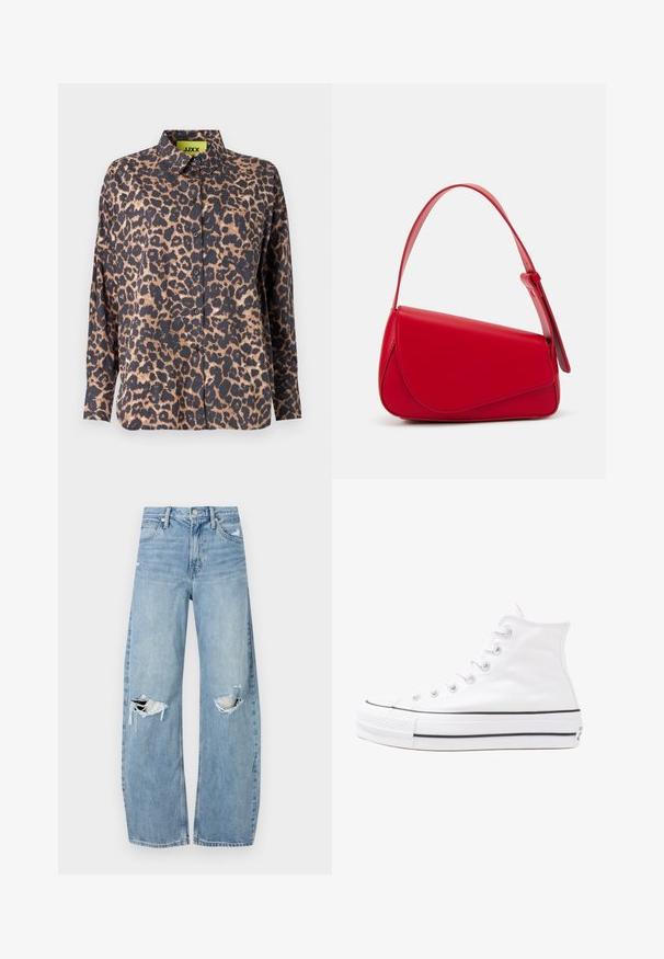 Leopardmønstret skjorte med krave, lange ærmer og knapper. Fremstillet af glat stof, med en mørk bund og lysebrune pletter samt en brystlomme.; Lysblå, højtraljede jeans lavet af denim. Har brede ben, to huller ved knæene og klassisk fem-lommes stil.; Hvide høje kanvas sneakers med sort gummisål, gummitåhætte foran og seks øjehuller til snørebånd, der har et rent, minimalistisk design.; Rød læderhåndtaske med et kantet, geometrisk design. Har en enkelt justerbar rem og en klaplukning med syede detaljer.