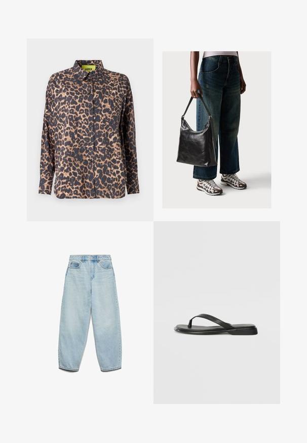 Leopárdmintás ing, gallérral, hosszú ujjú, gombokkal. Simább anyagból készült, sötét alappal, világosbarna foltokkal és egy mellzsebbel.; Világoskék farmernadrág, amely laza szabású, magas derékú és széles szárú, kissé megkopott textúrával és klasszikus öt zsebes kialakítással rendelkezik.; Fekete papucs sima bőrből, vékony pántkel és lapos talppal rendelkezik, minimális profilú. Nincsenek kiemelkedő minták vagy díszítések.; Fekete bőr válltáska sima textúrával és állítható pánttal, melyet elnyűtt, bő szárú farmernadrággal és sportcipőkkel párosítottak.