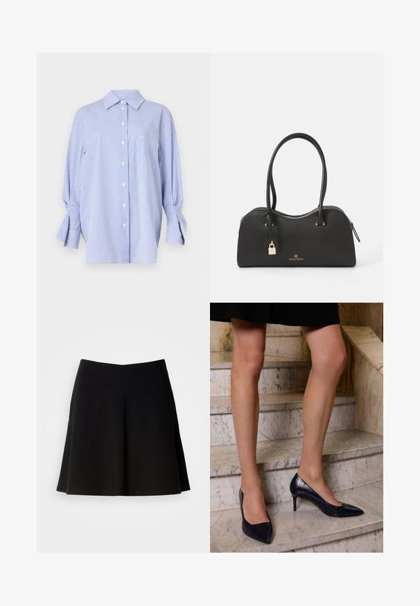 Blauw en wit gestreepte button-up shirt met een relaxte pasvorm, met een puntige kraag, lange mouwen met strikaccenten en een borstzak.; Zwarte klokrok van zacht stof, met een strakke tailleband en naaddetails. Glad textuur met een eenvoudig, klassiek ontwerp.; Navyblauwe hoge hakken met een spitse neus, met een gladde en gestructureerde afwerking die lijkt op krokodillenleer.; Zwarte handtas van gestructureerd synthetisch materiaal met een gebogen ontwerp, gouden hardware, twee handvatten en een afneembare lockaccent.; Zilveren oorbellen in de vorm van druppels, met een gladde, gepolijste afwerking. Het ontwerp heeft een teardrop-vorm met onderling verbonden secties.