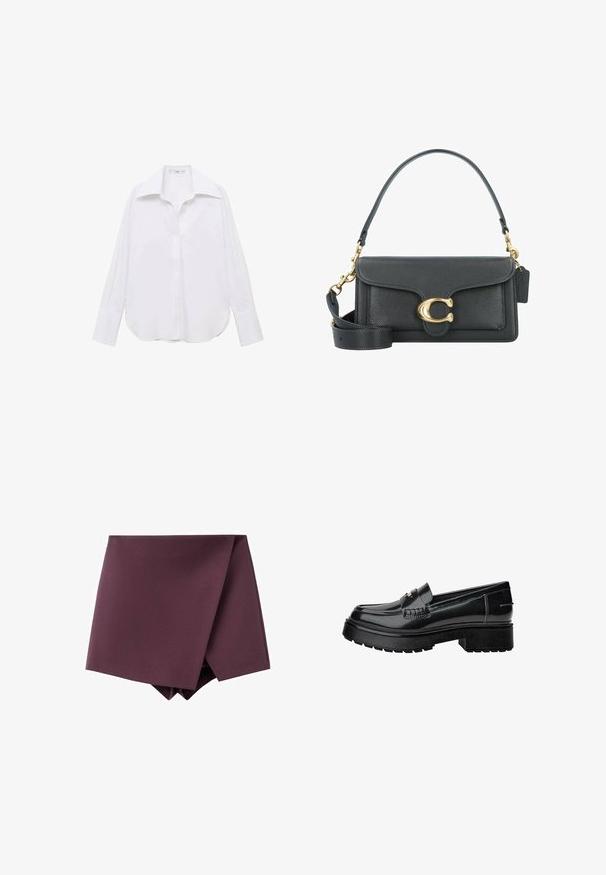 Bela srajca z dolgimi rokavi in gumbi, klasičnega ovratnika, sproščenega kroja, stranskimi razpoki ter gladke teksture, izdelana iz lahkotnega materiala.; Temno vijolična asimetrična mini krila z oblikovanjem z ovitkom in gladko teksturo tkanine.; Črne patent usnjene mokasine z debelim podplatom, opremljene z okrasnim pasom in subtilnimi šivi. Gumijasta tekstura na zunanjem podplatu.; Črna usnjena torbica z zlatim okovjem, ki se ponaša s prepoznavnim zapiralom, odstranljivim ramenskim trakom in teksturirano površino.