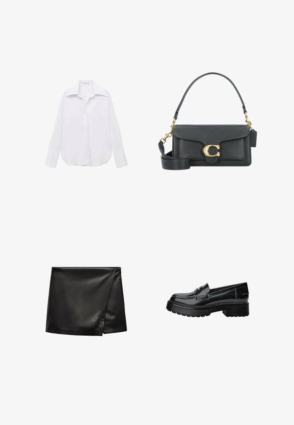 Bela srajca z dolgimi rokavi in gumbi, klasičnega ovratnika, sproščenega kroja, stranskimi razpoki ter gladke teksture, izdelana iz lahkotnega materiala.; Črna usnjena mini krila s preklopnim dizajnom, ki se ponaša z gladko teksturo in minimalističnim stilom. Brez vidnih detailov ali vzorcev.; Črne patent usnjene mokasine z debelim podplatom, opremljene z okrasnim pasom in subtilnimi šivi. Gumijasta tekstura na zunanjem podplatu.; Črna usnjena torbica z zlatim okovjem, ki se ponaša s prepoznavnim zapiralom, odstranljivim ramenskim trakom in teksturirano površino.
