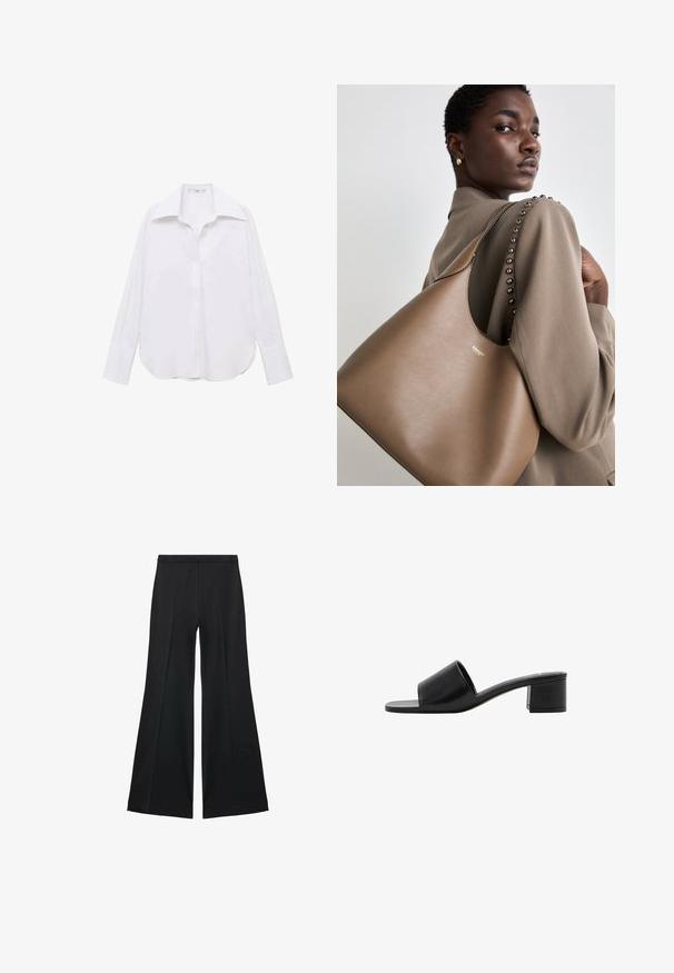 Camicia bianca a maniche lunghe con colletto classico, vestibilità rilassata, spacchi laterali e texture liscia realizzata in tessuto leggero.; Pantaloni neri a gamba larga con una texture liscia, caratterizzati da pieghe frontali e un design sartoriale. Il tessuto è leggero e fluido.; Sandal in pelle nera open-toe con una fascia ampia e un tacco a blocco solido. Caratterizzato da una texture liscia e un design minimale.; Borsa a tracolla in pelle marrone con una texture liscia, caratterizzata da una silhouette curva e un logo metallico. La tracolla presenta borchie decorative lungo la cucitura.
