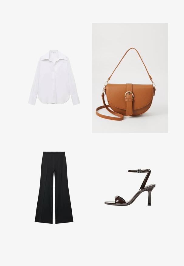 Weißes Langarm-Hemd mit Knopfleiste, klassischem Kragen, lässiger Passform, Seitenschlitzen und glatter Textur aus leichtem Stoff.; Schwarze weit geschnittene Hose mit glatter Textur, ausgestattet mit Frontfalten und einem taillierten Design. Der Stoff ist leicht und fließend.; Braune Lackleder-High-Heelsandale mit einem Knöchelriemen, offener Zehenpartie und einem schlanken, minimalistischen Design. Verfügt über einen quadratischen Absatz.; Braune Leder-Crossbody-Tasche mit geschwungener Form, goldfarbenen Beschlägen und einer Schnallenakzentuierung. Verfügt über einen abnehmbaren Schultergurt.