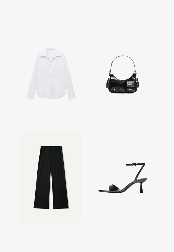 Weißes Langarm-Hemd mit Knopfleiste, klassischem Kragen, lässiger Passform, Seitenschlitzen und glatter Textur aus leichtem Stoff.; Bershka WIDE - Stoffhose - black; Bershka High Heel Sandalette - black; Schwarze Lackleder-Handtasche mit geschwungenem Design, einem Schulterriemen, Vordertaschen und silberfarbenen Hardware-Akzenten.