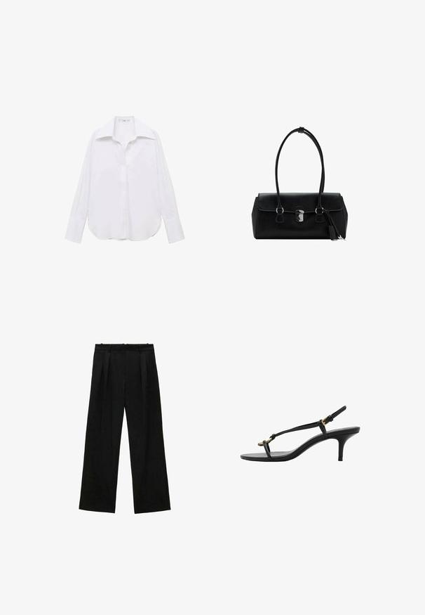 Valkoinen pitkähihainen nappipaita, jossa on klassinen kaulus, rento leikkaus, sivuhaarat ja sileä rakenne kevyestä kankaasta.; Mustat leveälahkeiset housut, joissa on pleateja, sileä textuuri ja korkea vyötärömalli. Minimalistinen tyyli, ei näkyvää varustelua tai koristeita.; Mustat nahkakengät, joissa on kissankorko, ohuet hihnat, kultainen solki ja minimalistinen varvaslenkki valkoisella taustalla.; Musta nahkalaukku, jossa on sileä pinta, strukturoidun muotoilun, kaksinkertaiset kahvat ja hopeinen solki yksityiskohtana keskellä.
