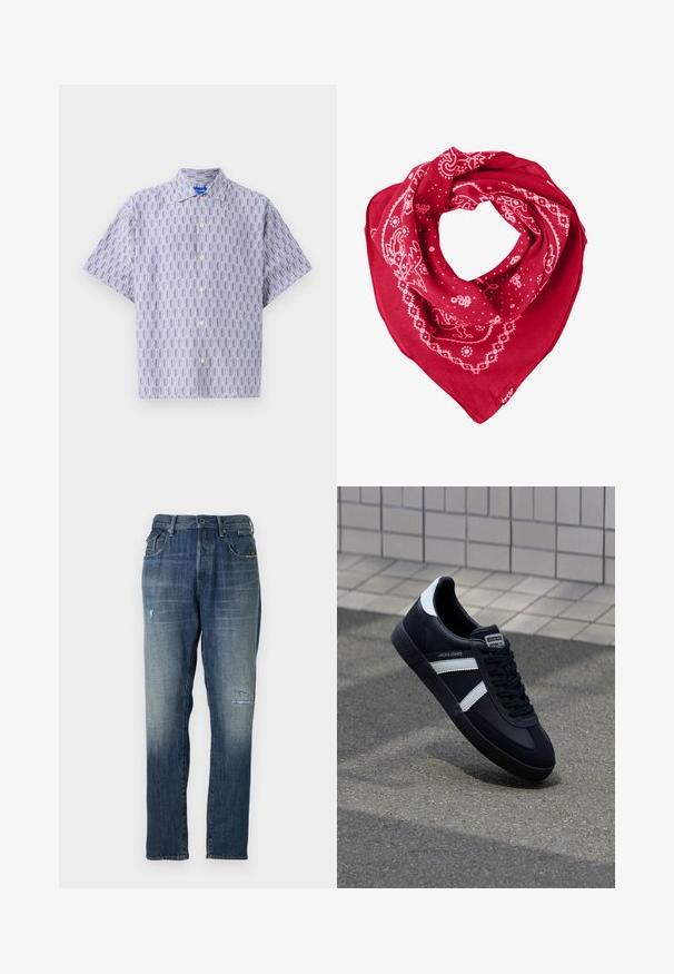 Rövid ujjú gombos ing világoskék színben, sötétkék geometrikus mintával. Gallérral és laza fit-el rendelkezik. Könnyű anyagból készült.; Fakó kék színű farmeregyenes szárú kialakítással, mérsékelt kopásokkal elöl, valamint klasszikus öt zsebes stílusban.; Fekete bőr sportcipő fehér csíkokkal, textúrált gumitalppal és fűzős elejével. A nyelvén márkás címke található.; Piros bandana sál, pamutzsábol készült, fehér paisley és pöttyös mintákkal, háromszög alakú, az alsó sarkában címkével.