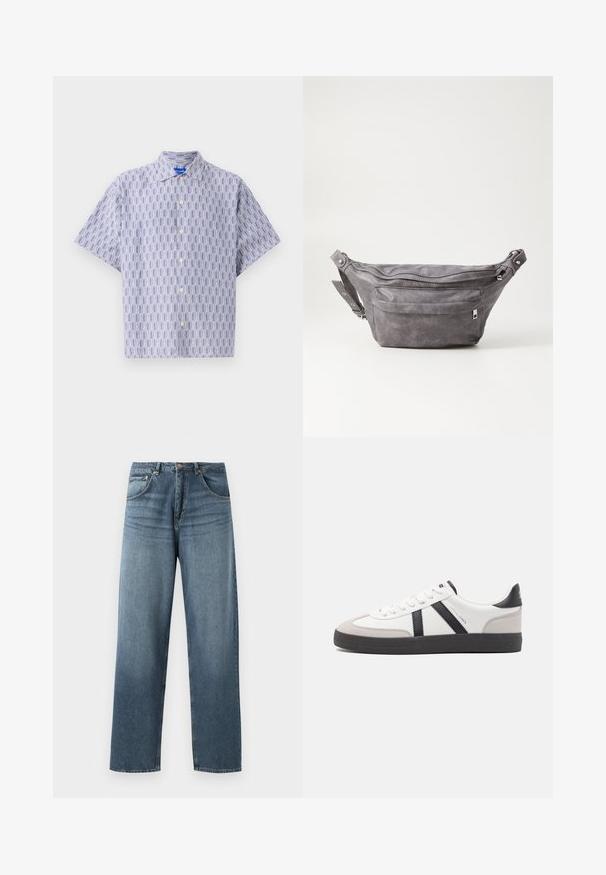 Košile s krátkým rukávem v světle modré barvě s tmavě modrým geometrickým vzorem. Obsahuje límeček a volný střih. Vyrobena z lehkého materiálu.; Džíny s rovnými nohavicemi, modré jeansy s vybledlým vzhledem, s pěti kapsami, kovovým knoflíkem a poutky na opasek. Strukturovaná, středně těžká látka.; Bílé tenisky s černými a šedými akcenty, opatřené texturovaným šedým prstovým krytem, černou gumovou podrážkou a plochými bílými tkaničkami. Čistý design, minimalistický styl.; Šedý semišový ledvinka s kulatým tvarem, dvěma zipovými přihrádkami a nastavitelným popruhem. Obsahuje kovové akcenty.