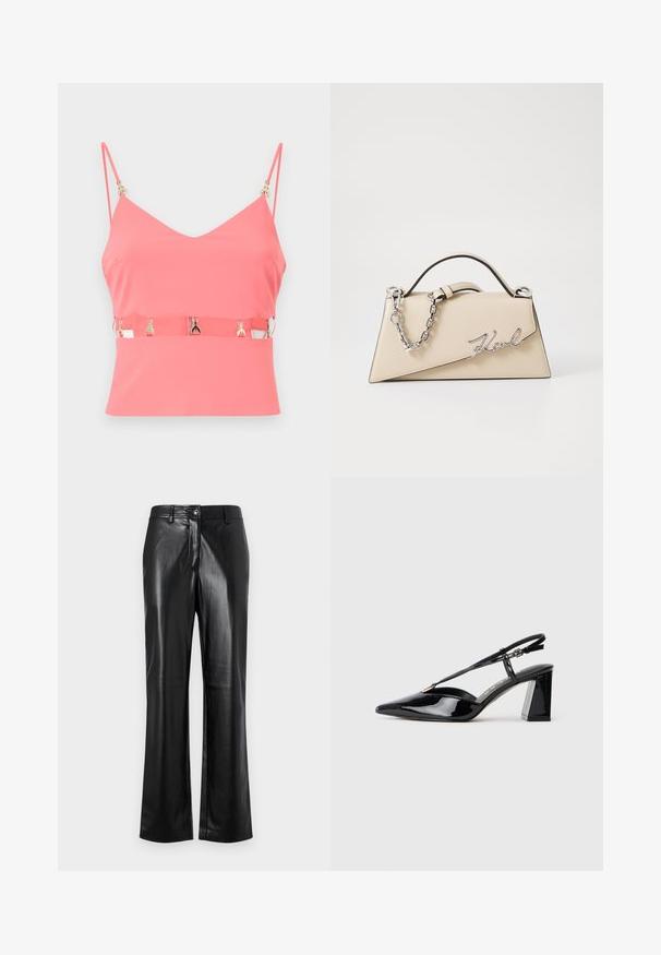 Roosa ilma varrukateta särk V-kaeluse ja lukuga, millel on kuldse siseviimistluse aktsendid randmetel. Sile tekstuur, keha lähedane disain.; Mustad nahkpüksid sirge jala disainiga, millel on esine nööp sulgemine, vöörihmade silmad ja sile, poleeritud tekstuur.; Mustadast mustast lakknahast kõrge kontsaga kingad, millel on terav varvas, reguleeritav rihm ja jäme ristkülikuline konts.; Bež nahkplekuga kott, millel on struktureeritud kolmnurkne kuju, hõbedase ahela käepide ja kursiivne metallist logo.