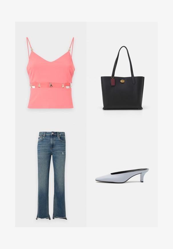 Pink sleeveless top with a V-neck, featuring a zip closure and gold hardware accents at the straps. Smooth texture, fitted design.; Blue denim jeans with slight distressing, raw frayed hems, front pockets, belt loops, and a button closure.; Light blue patent leather mule with a pointed toe, low transparent heel, and a sleek design featuring a cut-out at the vamp.; Black leather tote bag with two long handles, textured finish, gold hardware, and a burgundy tag. Spacious design with an open top.