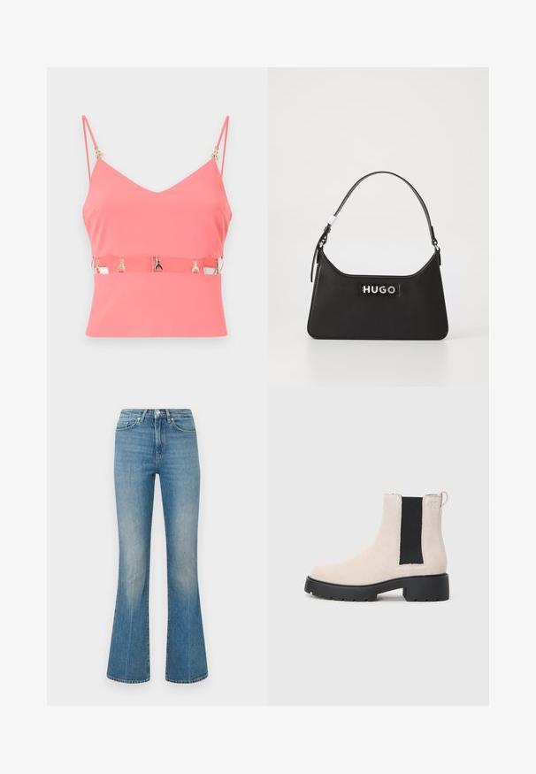 Rozā bezpiedurkņu topiņš ar V veida kaklu, aprīkots ar rāvējslēdzēju un zelta aksesuāriem pie siksnām. Gluda tekstūra, pieguļoša forma.; Gai zili flared džinsi, izgatavoti no denima. Satur jostu ar pogu un izbalējušu krāsu, pakāpeniski sašaurinoties līdz platam apmalei pie potītēm.; Bežs zamšs Čelsijas zābaks ar melnu elastīgu sānu paneli, masīvu melnu zoli unvilkšanas cilpu pie potītes.; Melna ādas rokassoma ar izliekumu dizainu, sudraba detaļām un izteiktu "HUGO" logo priekšpusē. Gluda tekstūra un strukturēta forma.