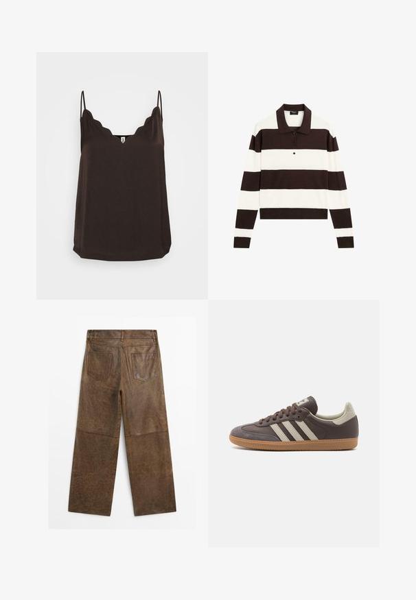 Camisola marrone con scollatura a onda, spalline sottili e vestibilità morbida. Realizzata in tessuto morbido, presenta una superficie liscia e orlo dritto.; Polo a maniche lunghe con righe orizzontali alternanti marrone scuro e bianche, colletto e pattina con bottoni. Realizzato in tessuto morbido.; Pantaloni larghi in pelle marrone con due tasche posteriori e cuciture visibili, mostrati da dietro su uno sfondo bianco.; Sneaker in pelle marrone con tre strisce chiare, suola in gomma, punta arrotondata e dettagli in suede texture sul tallone e sulla punta.