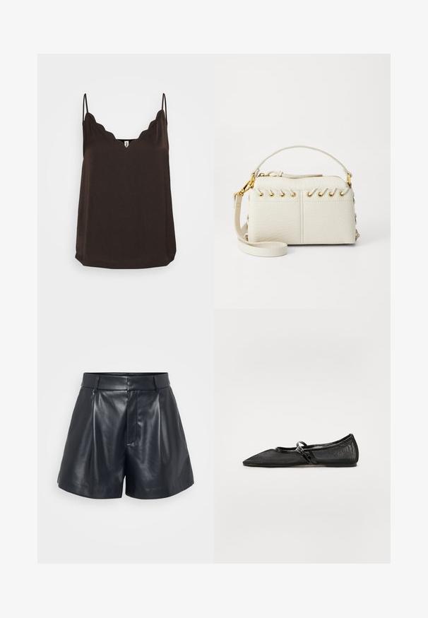 Camisole marron avec un col festonné, des fines bretelles réglables et une coupe ample. Fabriqué en tissu doux, avec une texture lisse et un ourlet droit.; Shorts en cuir noir avec une texture lisse, design ajusté, devant plissé et passants de ceinture ; comporte une poche zippée cachée sur le côté.; Chaussure noire plate avec un bout pointu, dessus en mesh et accents en cuir verni. Équipée d'une fine sangle avec un détail en métal circulaire.; Sac à main en simili cuir blanc avec une fermeture éclair sur le dessus, une courte poignée et une bandoulière amovible avec des détails en métal doré. Détail de laçage sur le côté.; Boucle d'oreille en argent avec une finition polie, présentant de petits détails en or et de forme ronde, portée sur le lobe.