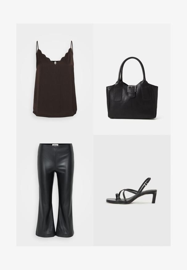 Braunfarbige Spaghettitop mit gewelltem Ausschnitt, dünnen verstellbaren Trägern und lockerer Passform. Hergestellt aus weichem Stoff, der eine glatte Textur und einen geraden Saum aufweist.; Schwarze, kunstlederne, weit ausgestellte Hosen mit glatter Textur. Mit hoher Taille und Schlitzen am Saum für eine lockere Passform. Markenetikett im Bund.; Schwarze Sandale mit Riemchen, quadratischer Zehenform und niedrigem Blockabsatz. Verfügt über mehrere dünne Riemen und einen verstellbaren Knöchelriemen. Hergestellt aus glattem Leder.; Schwarze Leder-Tote mit glatter Textur, strukturiertem Design, zwei Griffen und einem auffälligen silbernen Schnallen-Detail auf der Vorderseite.