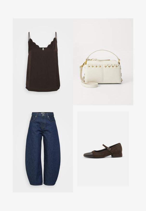 Brown camisole with scalloped neckline, thin adjustable straps, and a loose fit. Made of soft fabric, featuring a smooth texture and straight hem.; High-waist dark blue denim jeans with wide legs, front button and zipper closure, and classic five-pocket design.; Brown suede Mary Jane shoe with a black patent leather toe cap, adjustable strap, and a low block heel. Smooth texture with minimal accents.; White faux leather handbag featuring a top zipper, a short handle, and a removable crossbody strap with gold-tone hardware. Side lacing detail.; Silver hoop earring with a polished finish, featuring small gold accent details and a round shape, worn on the lobe.