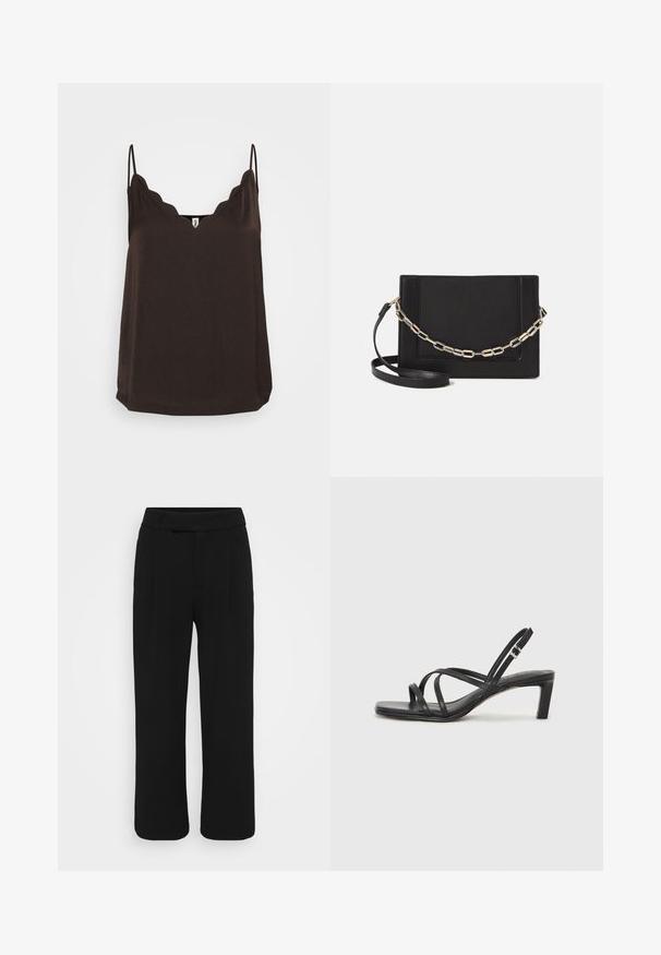 Brown camisole with scalloped neckline, thin adjustable straps, and a loose fit. Made of soft fabric, featuring a smooth texture and straight hem.; Black wide-leg pants made of a smooth fabric, featuring a flat front, belt loops, and no visible pockets. Clean, tailored design.; Black strappy sandal with a square toe and a low block heel. Features multiple thin straps and an adjustable ankle strap. Made of smooth leather.; Black leather crossbody bag featuring a smooth texture, rectangular shape, and a metallic chain detail on the front. Adjustable strap included.