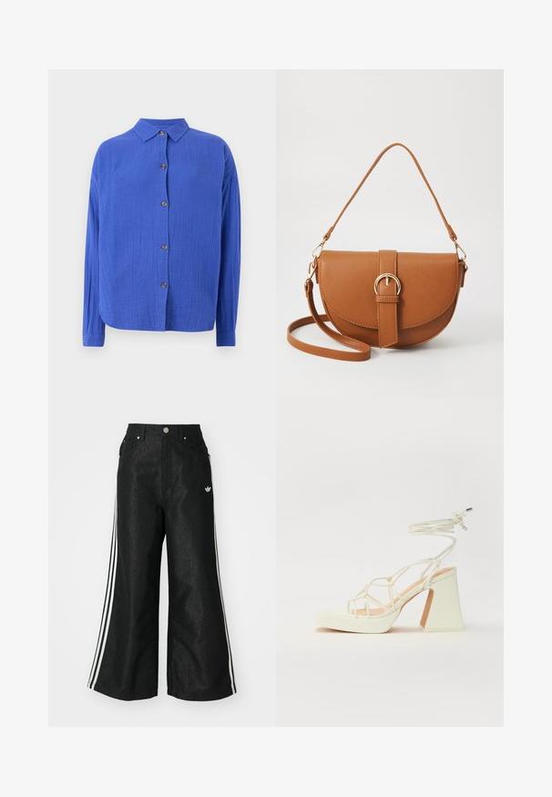 Blue button-up shirt with a textured fabric, collared neck, long sleeves, and five brown buttons along the front. Rounded bottom hem.; Black wide-leg denim pants with three white stripe accents on each side and a small white logo. Features front pockets and a button closure.; White high-heeled sandal with a chunky heel, featuring a strappy design and ankle tie. Smooth texture with a platform front for added height.; Brown leather crossbody bag with a curved shape, gold hardware, and a buckle accent. Features a detachable shoulder strap.
