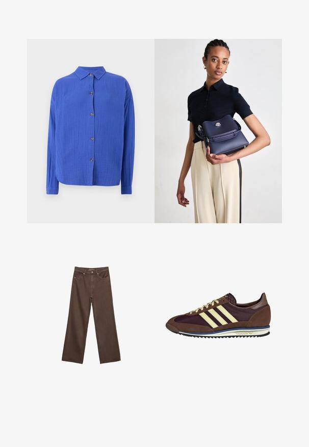 Modrá košeľa na gombíky s textúrovanou tkaninou, s golierom, dlhými rukávmi a piatimi hnedými gombíkmi na prednej strane. Okrúhly spodný lem.; Džínsy s širokými nohavicami v hnedej farbe, vyrobené z denimu, so zvýšeným pásom, prednými vreckami a klasickým zapínaním na gombík. Hladká textúra s jemným prešívaním.; Hnedé a bordové tenisky z semišu a sieťoviny, s tromi krémovými pruhmi, textúrovanou tkaninou na jazyku a gumovou podrážkou.; Námornícka kožená taška s textúrovaným povrchom, striebornými kovovými detailami a jednoduchým zapínaním. Model ju drží na neutrálne pozadí.